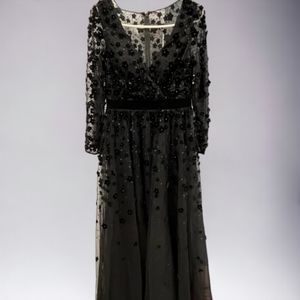New Mac Duggal Black Velvet Floral Maxi Dress